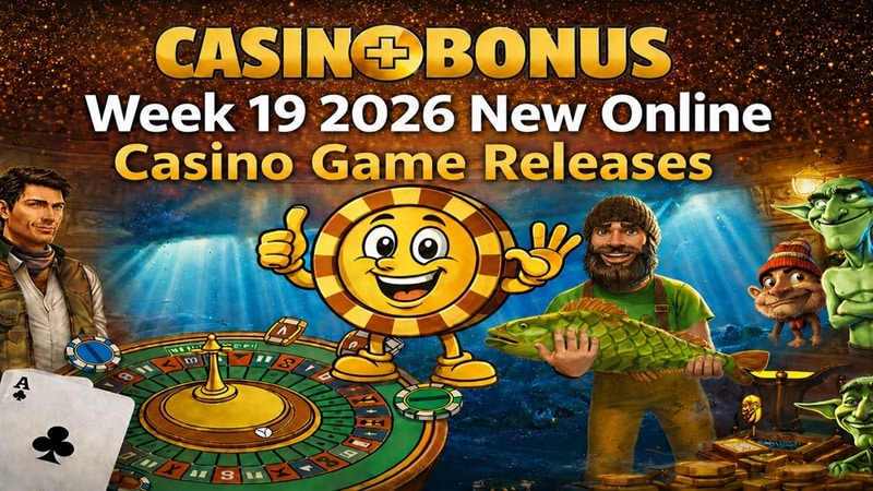 Casinoplusbonus Week 19 2026 new online casino game releases banner featuring a roulette table, casino chip mascot, fisherman holding a fish, dragon, and stacks of gold coins.