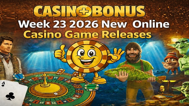 Casinoplusbonus Week 23 2026 new online casino game releases banner featuring a roulette table, casino chip mascot, fisherman holding a fish, dragon, and stacks of gold coins.