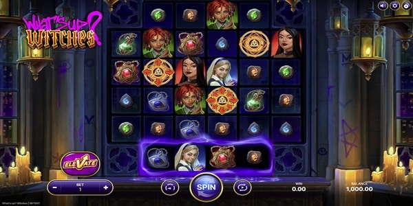What's Up? Witches Slot Game | NetEnt – Weekly Review What's Up? Witches diamond-shaped reels with witch characters, spell circles, and elemental gem symbols inside a dark gothic cathedral.