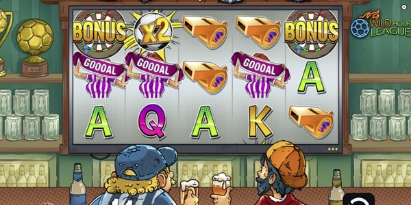 Wild Hour League Slot Game | Indigo Magic – Weekly Review Wild Hour League slot reels showing Bonus symbols, an x2 multiplier, whistles and GOOOAL scarves with two cartoon football fans at a pub bar.