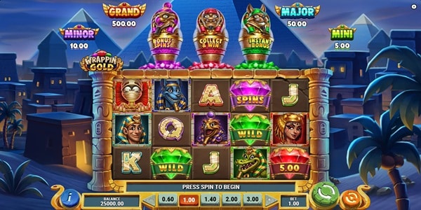 Wrappin' Gold 5x4 reels on an Egyptian backdrop, with Grand, Major, Minor and Mini jackpot values and Bonus Prize, Collect & Win and Instant Bonuses panels above the reels.