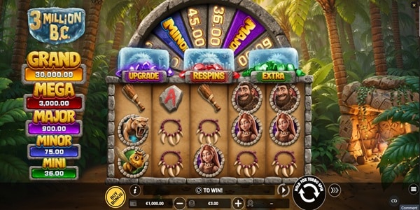 3 Million B.C. Slot Game | Betsoft – Weekly Review 3 Million B.C. slot reels showing prehistoric character, animal, weapon and necklace symbols with jackpot values beside a jungle-themed game screen.