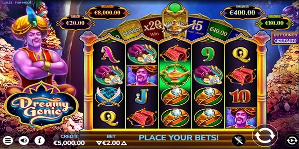 Dreamy Genie 5x4 reels with colourful symbols and a Wheel of Wishes bonus reel.