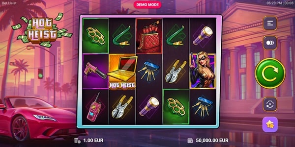 Hot Heist slot 5x3 reel format with 10 fixed paylines and symbols including pistols crowbars and handbags