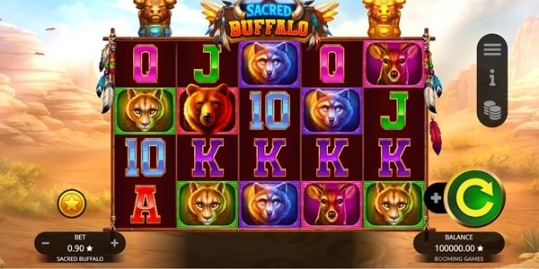 Sacred Buffalo paylines grid with animal symbols and American midwest background