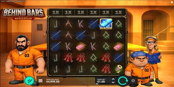 Behind Bars Masterplan Slot Game | Bullshark Games – Weekly Review Behind Bars Masterplan slot reels showing prison-themed symbols, a scatter blueprint symbol and cartoon inmate characters beside the game grid.