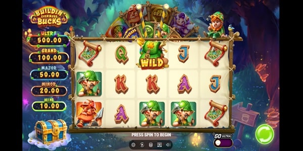 Buildin' Even More Bucks reels with royal card symbols, treasure-map scrolls, leprechaun characters and a central wild symbol.