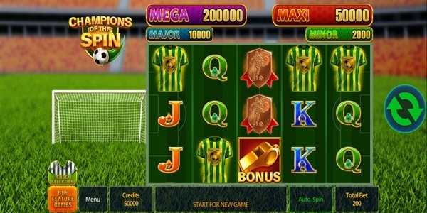 Champions of the Spin reels with football shirt symbols, card royals, a player badge and a gold whistle bonus symbol.