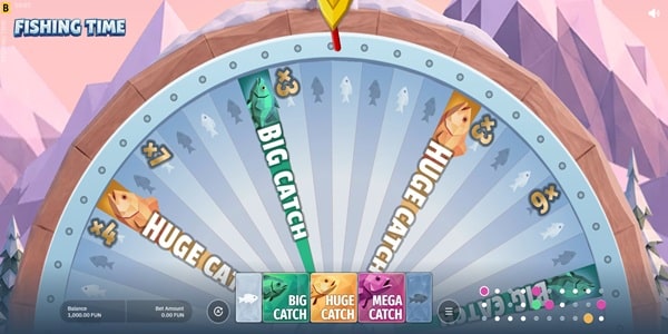 Fishing Time wheel showing Big Catch and Huge Catch bonus sectors with fish symbols and multiplier values.