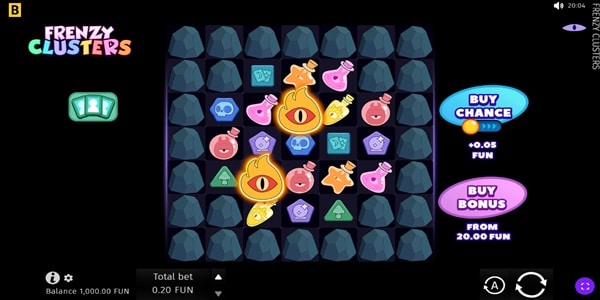 Frenzy Clusters Slot Game | BGaming – Weekly Review Frenzy Clusters slot reels showing colourful potion, skull, flame eye and symbol tiles on a dark cluster pays game grid.
