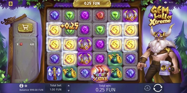 Gemhalla Xtreme slot grid with Thor, Norse runes, and Golden Shield multiplier symbols