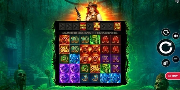 Giga Zombies Gigablox slot game screen showing zombie-themed Gigablox reels, free spins symbols, multiplier features, and the game interface set in a haunted forest backdrop.