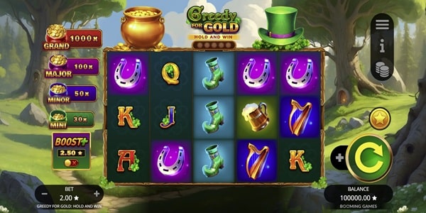 Greedy for Gold Hold and Win Slot Game | Booming Games – Weekly Review Greedy for Gold Hold and Win slot reels showing horseshoe, boot, harp, beer mug and letter symbols with jackpot values beside the game grid.