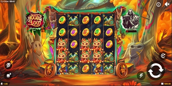 Hood & Loot Slot Game | Swintt – Weekly Review Hood & Loot slot reels showing colourful mask, treasure chest and candy swirl symbols in a forest-themed game screen.