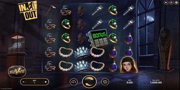 In & Out Slot Game | NetEnt – Weekly Review In & Out slot reels showing burglary-themed symbols, a bonus keypad symbol and a masked character in a dark museum setting.