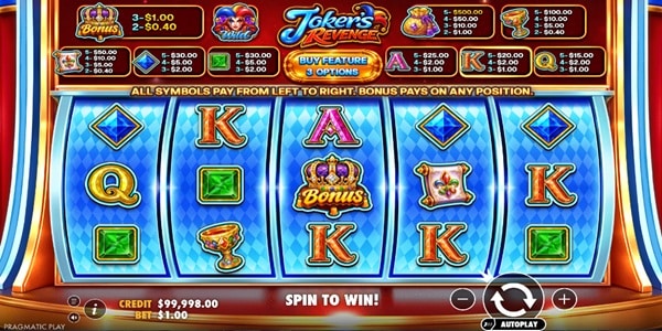 Joker's Revenge reels showing royal card symbols, gem icons and a central bonus crown symbol.