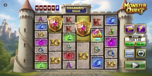 Monster Quest Slot Game | Big Time Gaming – Weekly Review Monster Quest slot reels showing gemstone, shield, card and wild symbols on a castle-themed Megaways game screen.