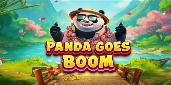 Panda Goes Boom Slot Game – Red Tiger Gaming – Bonus Feature Screen Panda Goes Boom slot game screen featuring a smiling panda wearing sunglasses and a bamboo hat, standing in a colorful nature setting with a river, cherry blossom trees, and the game title displayed prominently.