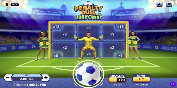 Penalty Duel with J&uacute;lio C&eacute;sar first-person penalty shot with multiplier values across the goal