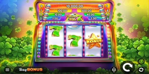 Potion Max 7s Slot Game | Kalamba Games – Weekly Review Potion Max 7s slot reels showing green 7 symbols, a bonus star symbol, prize values above the reels and clover artwork in the background.
