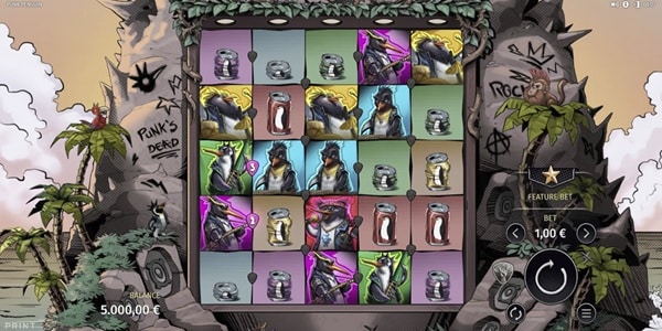 Punk Penguin Slot Game | Print Studios – Weekly Review Punk Penguin slot reels showing punk penguin character symbols, cans, bottles and graffiti artwork around the game grid.