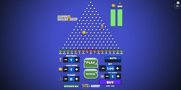 Super Soccer Drop game screen showing a peg-drop board, multiplier prize values, play controls and a 1.00 bet setting.