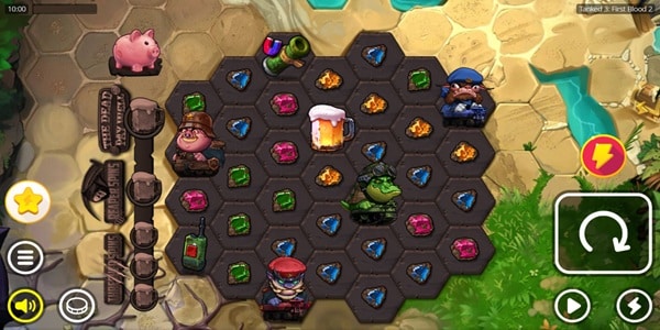 Tanked 3: First Blood 2 hexagonal grid with coloured gem symbols and character pieces collecting them across the board.