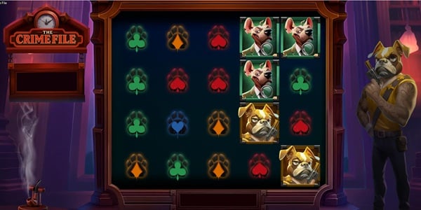 The Crime File Slot Game | NowNow Gaming – Weekly Review The Crime File slot reels showing coloured paw print symbols, detective dog character symbols and a trench coat dog investigator beside the game grid.