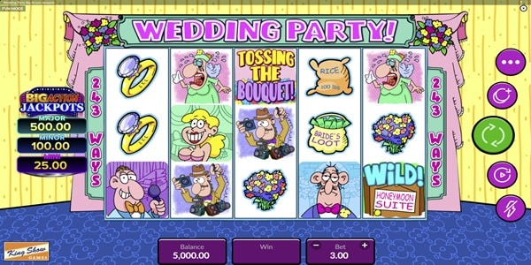 Wedding Party Big Action Jackpots slot reels showing cartoon wedding symbols, Big Action Jackpots prize values, balance panel and 3.00 bet controls.