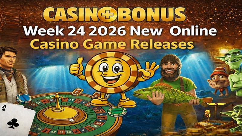 Casinoplusbonus Week 24 2026 new online casino game releases banner featuring a roulette table, casino chip mascot, fisherman holding a fish, dragon, and stacks of gold coins.