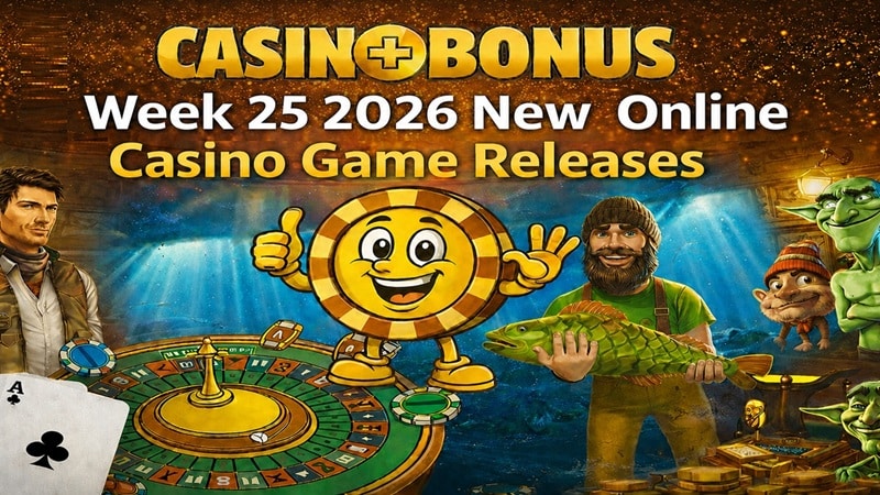 Casinoplusbonus Week 25 – April 2026 New Online Casino Games Review Casinoplusbonus Week 25 2026 new online casino game releases banner featuring a roulette table, casino chip mascot, fisherman holding a fish, dragon, and stacks of gold coins.