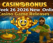 Casinoplusbonus Week 26 2026 new online casino game releases banner featuring a roulette table, casino chip mascot, fisherman holding a fish, dragon, and stacks of gold coins.