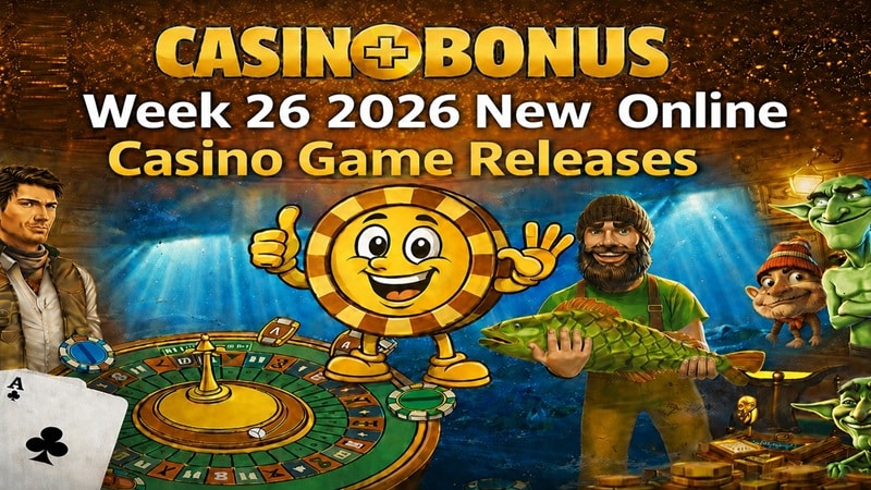 Casinoplusbonus Week 26 – April 2026 New Online Casino Games Review Casinoplusbonus Week 26 2026 new online casino game releases banner featuring a roulette table, casino chip mascot, fisherman holding a fish, dragon, and stacks of gold coins.