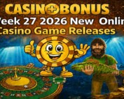 Casinoplusbonus Week 27 2026 new online casino game releases banner featuring a roulette table, casino chip mascot, fisherman holding a fish, dragon, and stacks of gold coins.