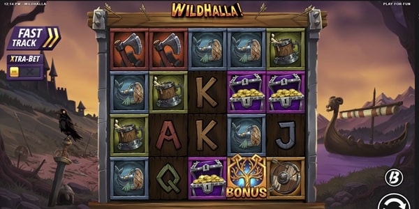 Wildhalla Slot Game | Slotmill – Weekly Review Wildhalla slot reels showing axe, helmet, shield, treasure chest and bonus symbols on a Viking-themed game screen.