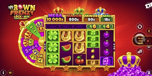 777 Crown Frenzy: Lock N Win Upgraderz Slot Game | PearFiction Studios – Weekly Review 777 Crown Frenzy: Lock N Win Upgraderz slot reels showing clover, horseshoe, fruit and crown symbols with jackpot values and a bonus wheel beside the grid.