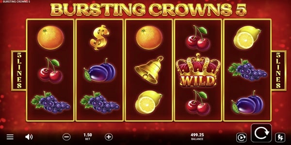 Bursting Crowns 5 Slot Game | GameArt – Weekly Review Bursting Crowns 5 slot reels showing orange, cherry, grape, lemon, plum, bell, dollar and crown wild symbols on a red game screen.