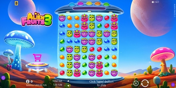 Alien Fruits 3 slot reels showing colourful fruit, alien face and gem symbols on a UFO-themed game screen with planets and mushrooms in the background. Alien Fruits 3 slot reels showing colourful fruit, alien face and gem symbols on a UFO-themed game screen with planets and mushrooms in the background.