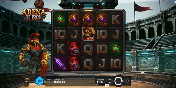Arena of Iron Slot Game | Bullshark Games – Weekly Review Arena of Iron slot reels showing robot gladiator, helmet, sword, grenade, trophy and card symbols inside a futuristic arena.