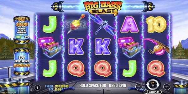 Big Bass Blast Slot Game | Pragmatic Play – Weekly Review Big Bass Blast slot reels showing fishing lure, dragonfly, tackle box, fishing rod and card symbols on an electrified lake-themed game screen.