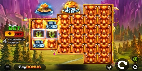 Bisonado 2 PrizeMatch Slot Game | Kalamba – Weekly Review Bisonado 2 PrizeMatch slot reels showing stacked buffalo symbols, super bonus symbols and free spins labels on a prairie-themed game screen.