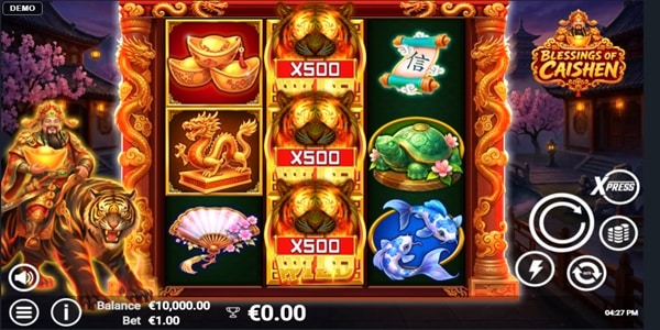 Blessings of Caishen slot reels showing stacked tiger wild symbols with x500 values, plus ingot, dragon, scroll, turtle and fish symbols on a red Chinese-themed game screen.