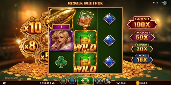 Bonus Bullets Slot Game | Fantasma – Weekly Review Bonus Bullets slot reels showing bullet, whiskey glass, diamond, clover, character and wild bottle symbols with jackpot values beside the game grid.