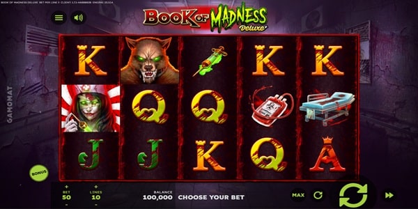 Book of Madness Deluxe Slot Game | Gamomat – Weekly Review Book of Madness Deluxe slot reels showing horror-themed symbols, including a wolf, zombie, syringe, phone, hospital bed and card symbols on a dark game screen.