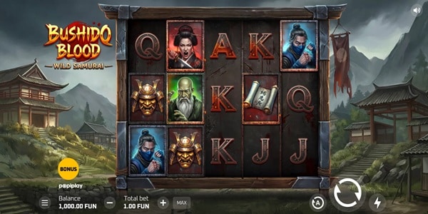 Bushido Blood Slot Game | Popiplay – Weekly Review Bushido Blood slot reels showing samurai, mask, scroll and card symbols on a dark Japanese warrior-themed game screen.