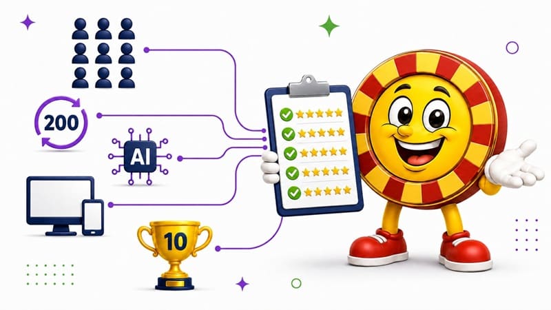 Casinoplusbonus chip mascot holding a star-rating clipboard, surrounded by icons for testers, 200 spins, AI testing, devices and a Top 10 trophy.