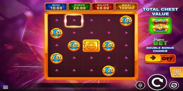 Chest Chaser Hold and Win Slot Game | Kalamba – Weekly Review Chest Chaser Hold and Win slot reels showing coin values, a vault symbol, pink gem symbols and jackpot values on a purple gemstone-themed game screen.