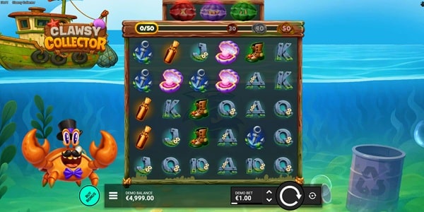 Clawsy Collector Slot Game | Bullshark Games – Weekly Review Clawsy Collector slot reels showing anchor, bottle, pearl shell, boot and card symbols on an underwater-themed game screen with a cartoon crab.