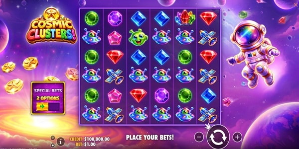Cosmic Clusters! Slot Game | Pragmatic Play – Weekly Review Cosmic Clusters! slot reels showing colourful gem, alien, satellite and astronaut symbols on a space-themed game screen.