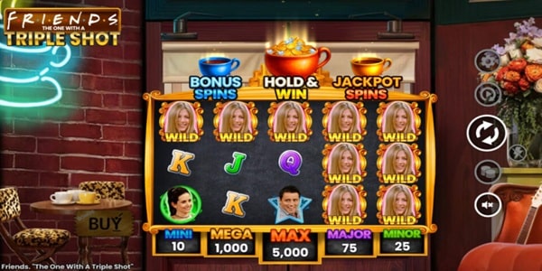 Friends: The One With a Triple Shot Slot Game | Atlantic Digital – Weekly Review Friends: The One With a Triple Shot slot reels showing coffee cup feature labels, character wild symbols, card symbols and jackpot values on a coffee shop-themed game screen.